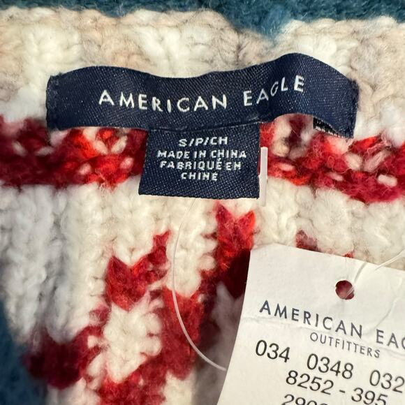 American Eagle Women's Small Fair Isle Knit Mock Neck Sweater - Red and Teal - Picture 4 of 6